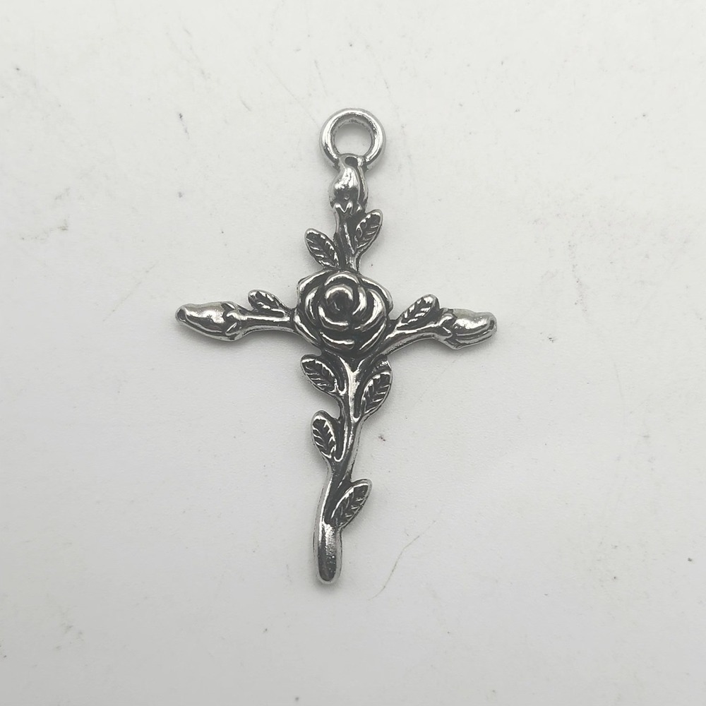 Silver Tone Rose Cross Pendant Floral Gothic Religious Charm Necklace Accessory
